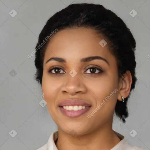 Joyful latino young-adult female with medium  black hair and brown eyes