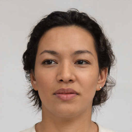 Neutral asian young-adult female with medium  brown hair and brown eyes