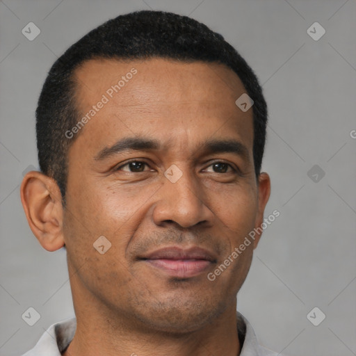 Joyful latino young-adult male with short  brown hair and brown eyes