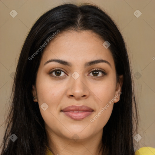 Joyful latino young-adult female with long  brown hair and brown eyes