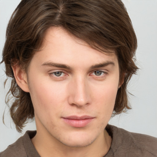 Neutral white young-adult male with medium  brown hair and grey eyes