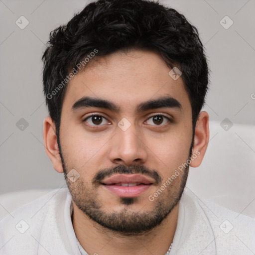 Neutral white young-adult male with short  black hair and brown eyes