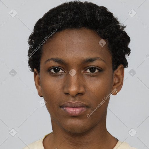 Neutral black young-adult female with short  black hair and brown eyes