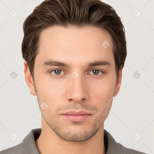 Neutral white young-adult male with short  brown hair and brown eyes