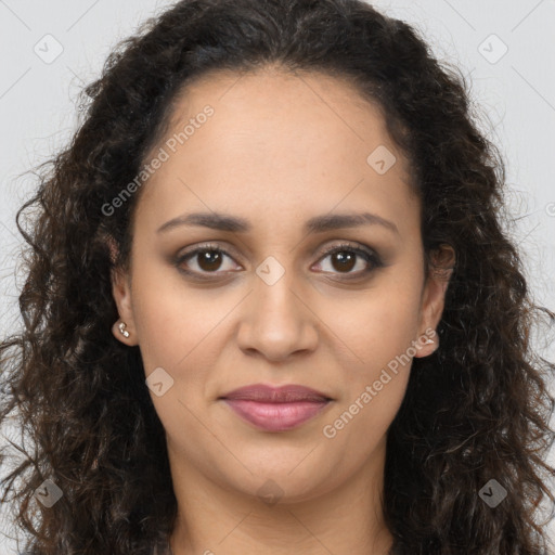 Joyful latino young-adult female with long  brown hair and brown eyes