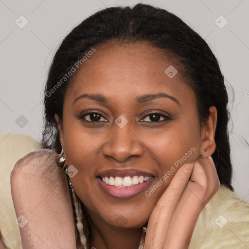 Joyful latino young-adult female with medium  brown hair and brown eyes