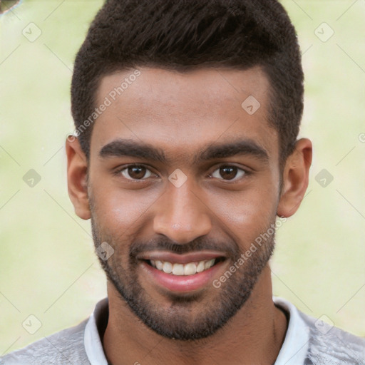 Joyful white young-adult male with short  black hair and brown eyes