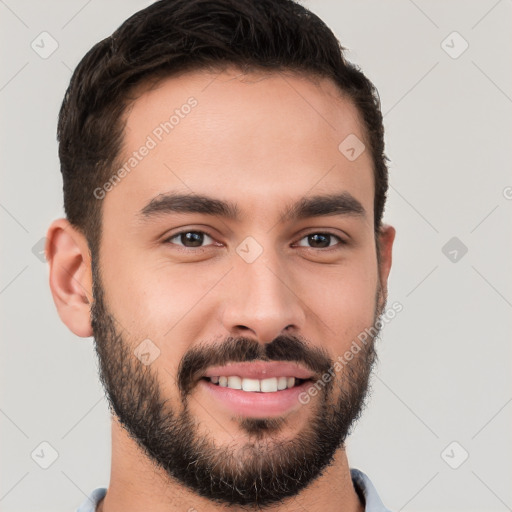 Joyful white young-adult male with short  brown hair and brown eyes