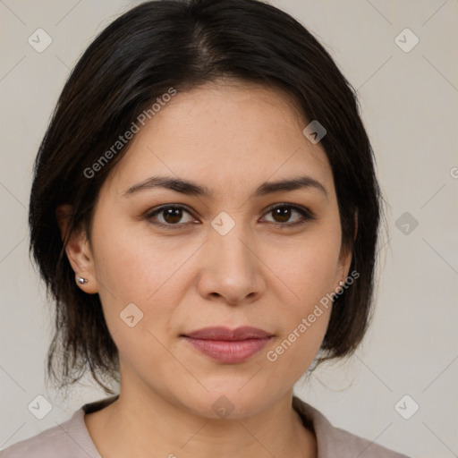 Joyful white young-adult female with medium  brown hair and brown eyes