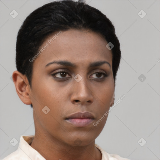 Neutral latino young-adult female with short  black hair and brown eyes