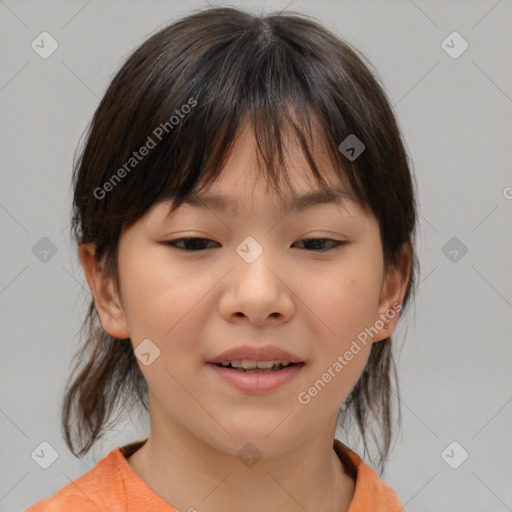 Joyful white child female with medium  brown hair and brown eyes