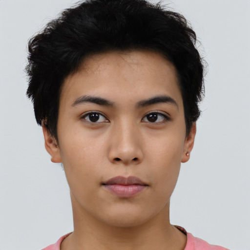 Neutral asian young-adult female with short  black hair and brown eyes