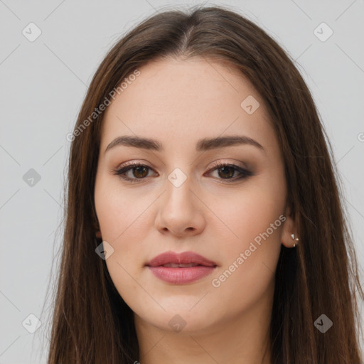 Neutral white young-adult female with long  brown hair and brown eyes