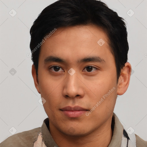 Neutral asian young-adult male with short  black hair and brown eyes