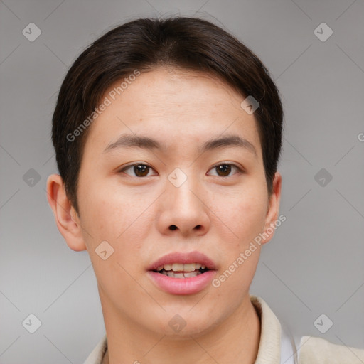 Joyful asian young-adult male with short  brown hair and brown eyes