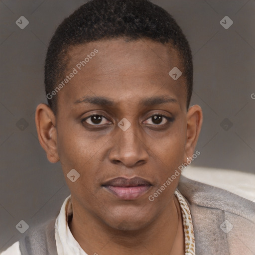 Neutral black young-adult female with short  brown hair and brown eyes