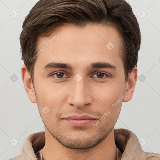 Joyful white young-adult male with short  brown hair and brown eyes