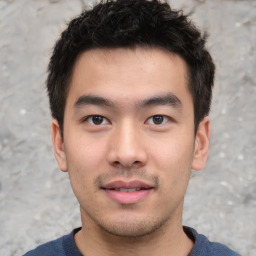 Neutral asian young-adult male with short  black hair and brown eyes