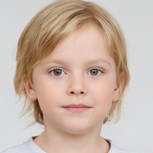 Neutral white child female with medium  brown hair and blue eyes