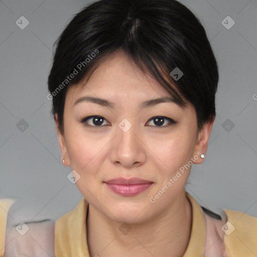 Joyful asian young-adult female with medium  brown hair and brown eyes