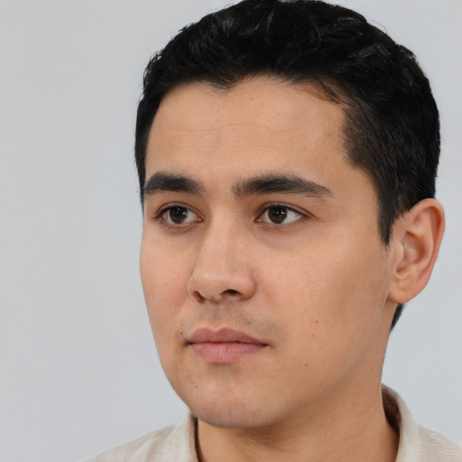 Neutral asian young-adult male with short  black hair and brown eyes