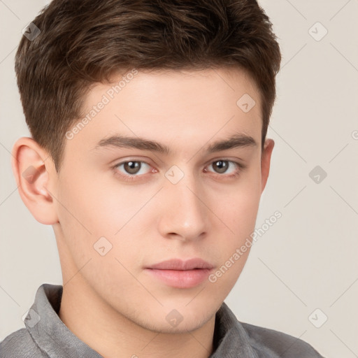 Neutral white young-adult male with short  brown hair and brown eyes