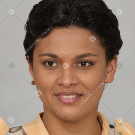 Joyful latino young-adult female with short  brown hair and brown eyes