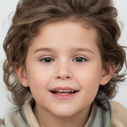 Joyful white child female with medium  brown hair and brown eyes