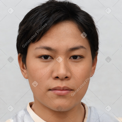 Neutral asian young-adult female with short  brown hair and brown eyes