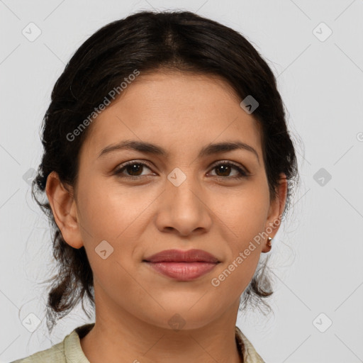 Joyful latino young-adult female with medium  brown hair and brown eyes