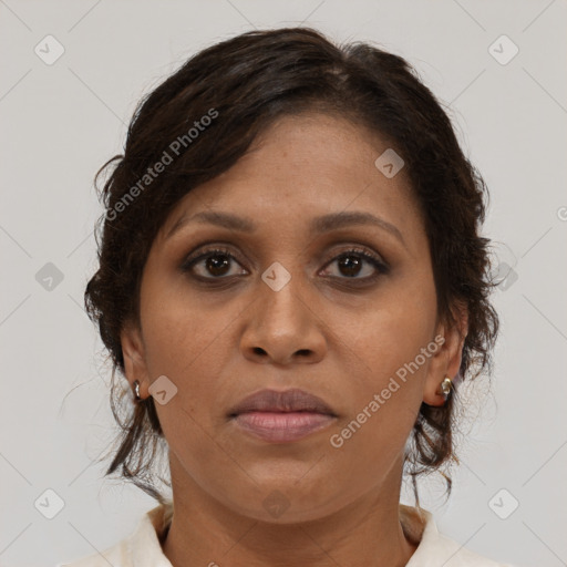 Joyful black adult female with medium  brown hair and brown eyes