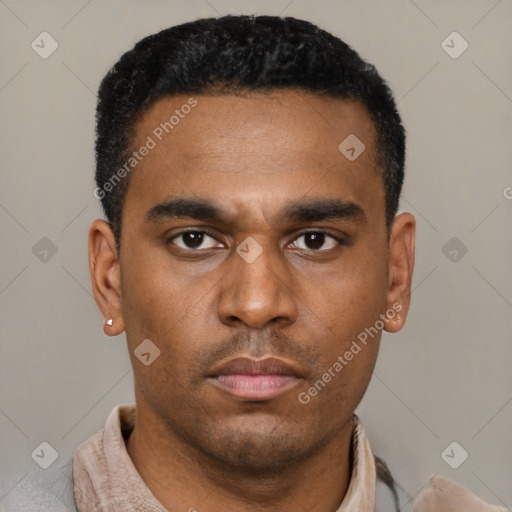 Neutral latino young-adult male with short  black hair and brown eyes