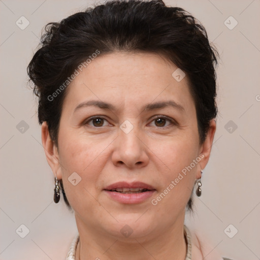 Joyful white adult female with short  brown hair and brown eyes