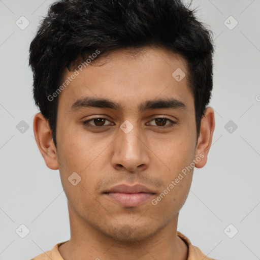 Neutral asian young-adult male with short  black hair and brown eyes