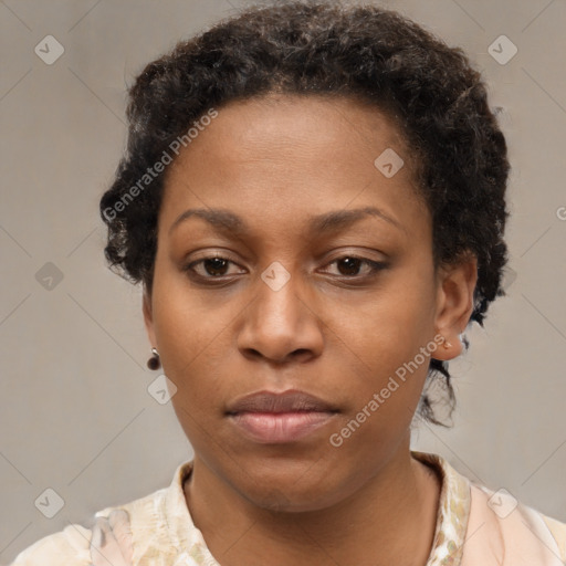 Neutral black young-adult female with short  brown hair and brown eyes