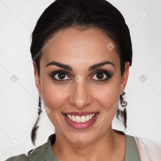 Joyful white young-adult female with medium  black hair and brown eyes