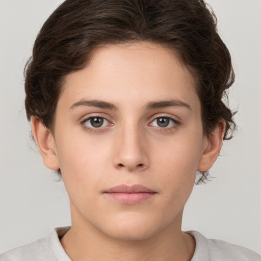 Neutral white young-adult female with short  brown hair and brown eyes