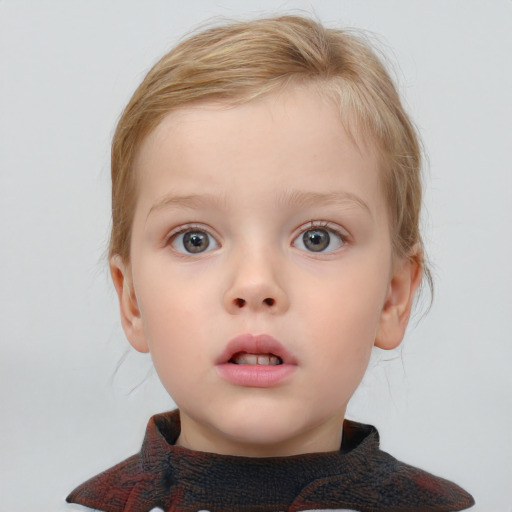 Neutral white child female with medium  brown hair and blue eyes