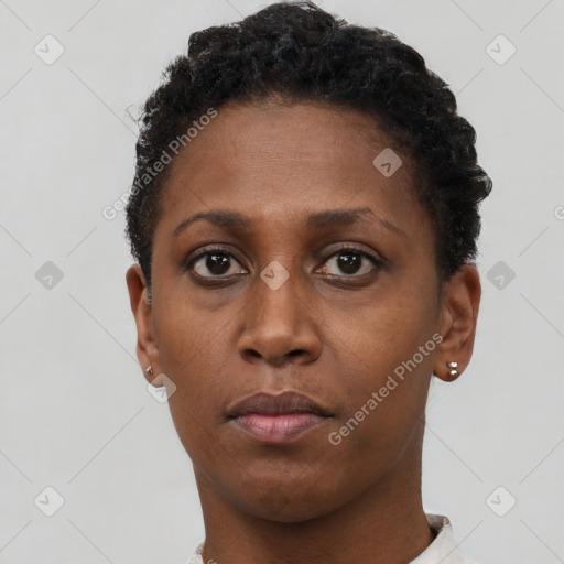 Neutral black young-adult female with short  brown hair and brown eyes