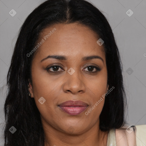 Joyful asian young-adult female with long  brown hair and brown eyes