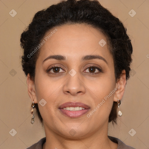 Joyful white adult female with long  brown hair and brown eyes