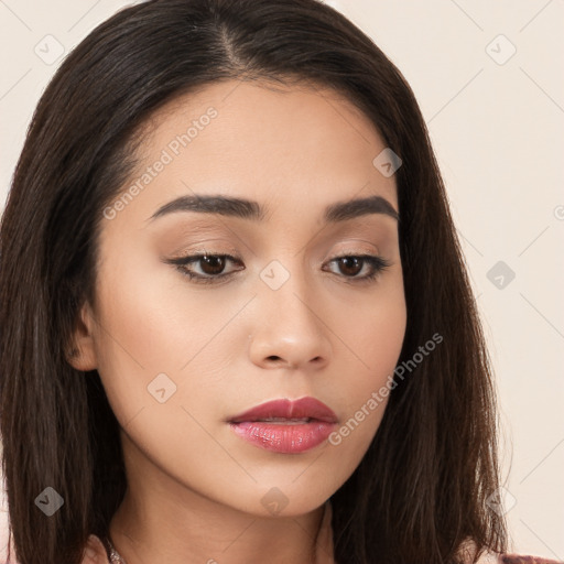 Neutral white young-adult female with long  brown hair and brown eyes