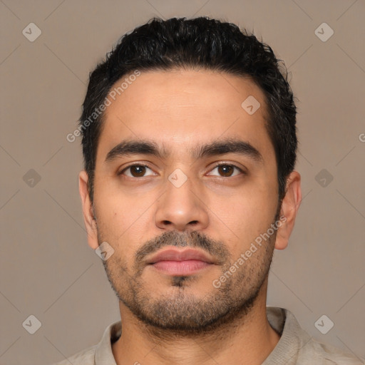 Neutral latino young-adult male with short  black hair and brown eyes