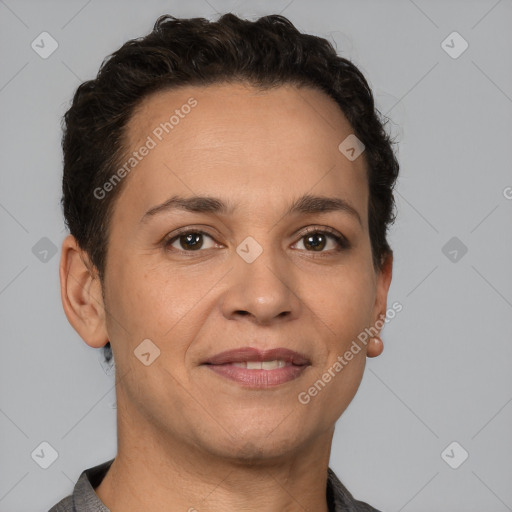 Joyful white adult female with short  brown hair and brown eyes