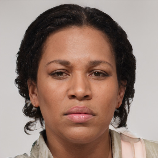 Neutral black adult female with medium  brown hair and brown eyes