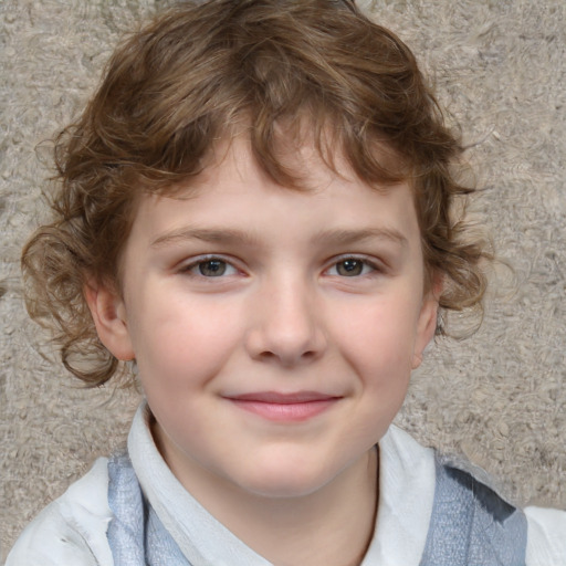 Joyful white child female with medium  brown hair and blue eyes