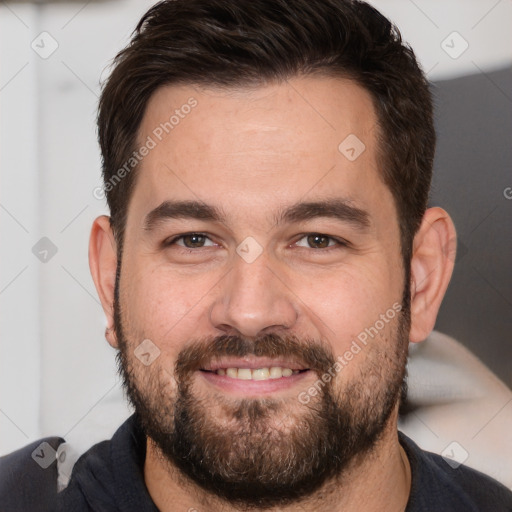 Joyful white young-adult male with short  brown hair and brown eyes