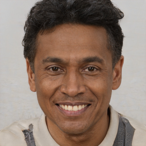 Joyful black adult male with short  black hair and brown eyes