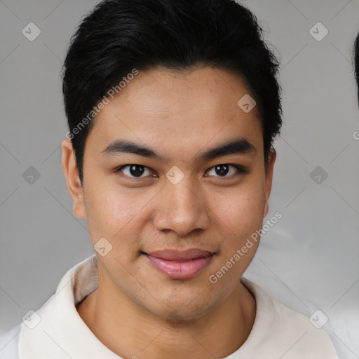 Joyful asian young-adult male with short  brown hair and brown eyes