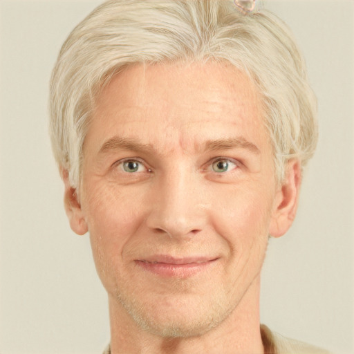 Joyful white adult male with short  blond hair and blue eyes